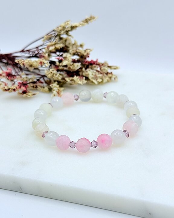 Różowa bransoletka z kamieni Agat, Jadeit oraz Kryształkami Swarovski